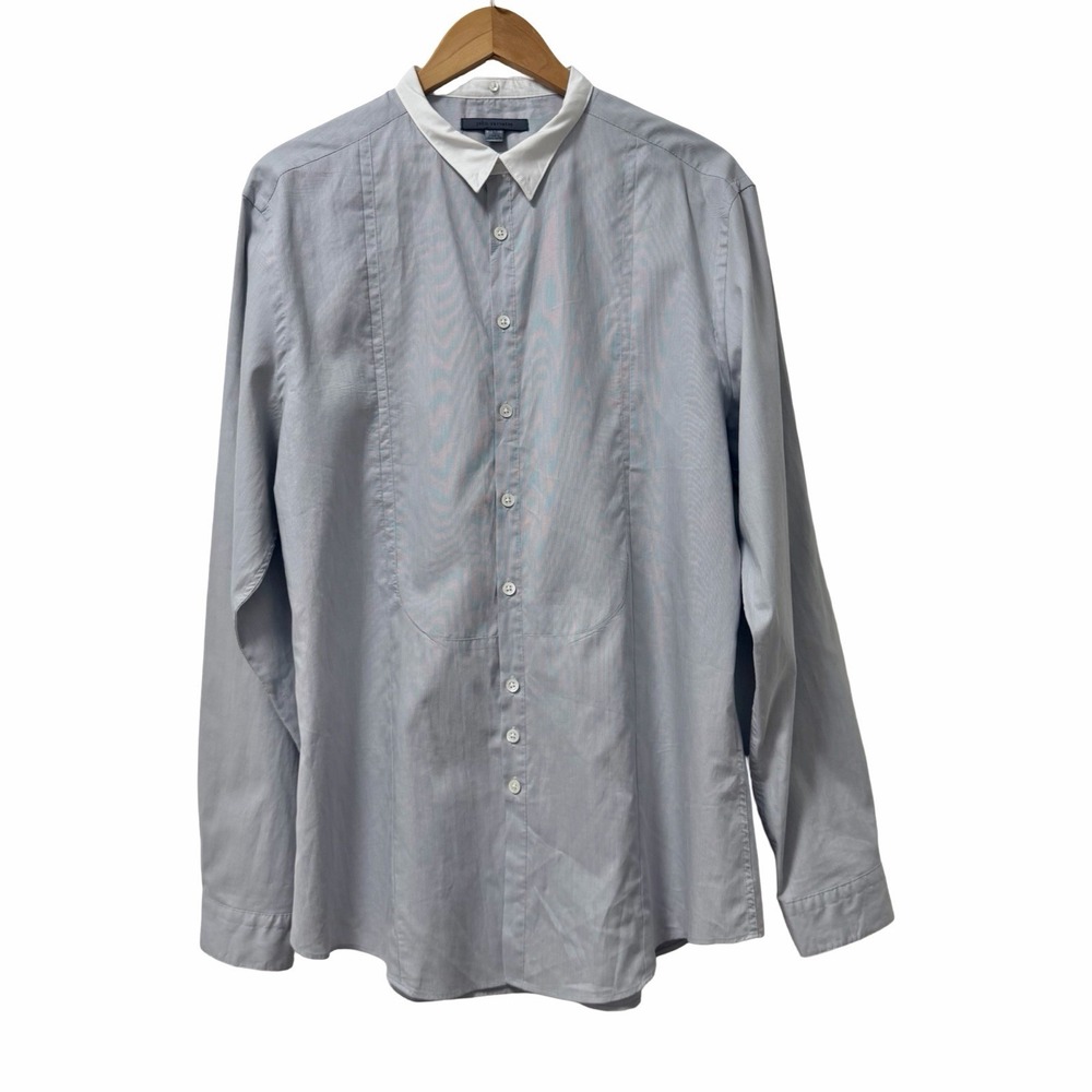 John Varvatos Mens Stripe Button Up Bib Oxford Dress Shirt Size L Blue Formal